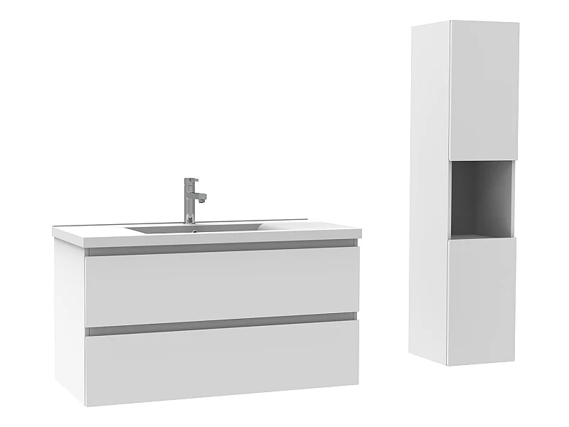 Ensemble Salle De Bain 100cm Blanc meuble avec colonne vasque ceramique blanche 3 Éléments