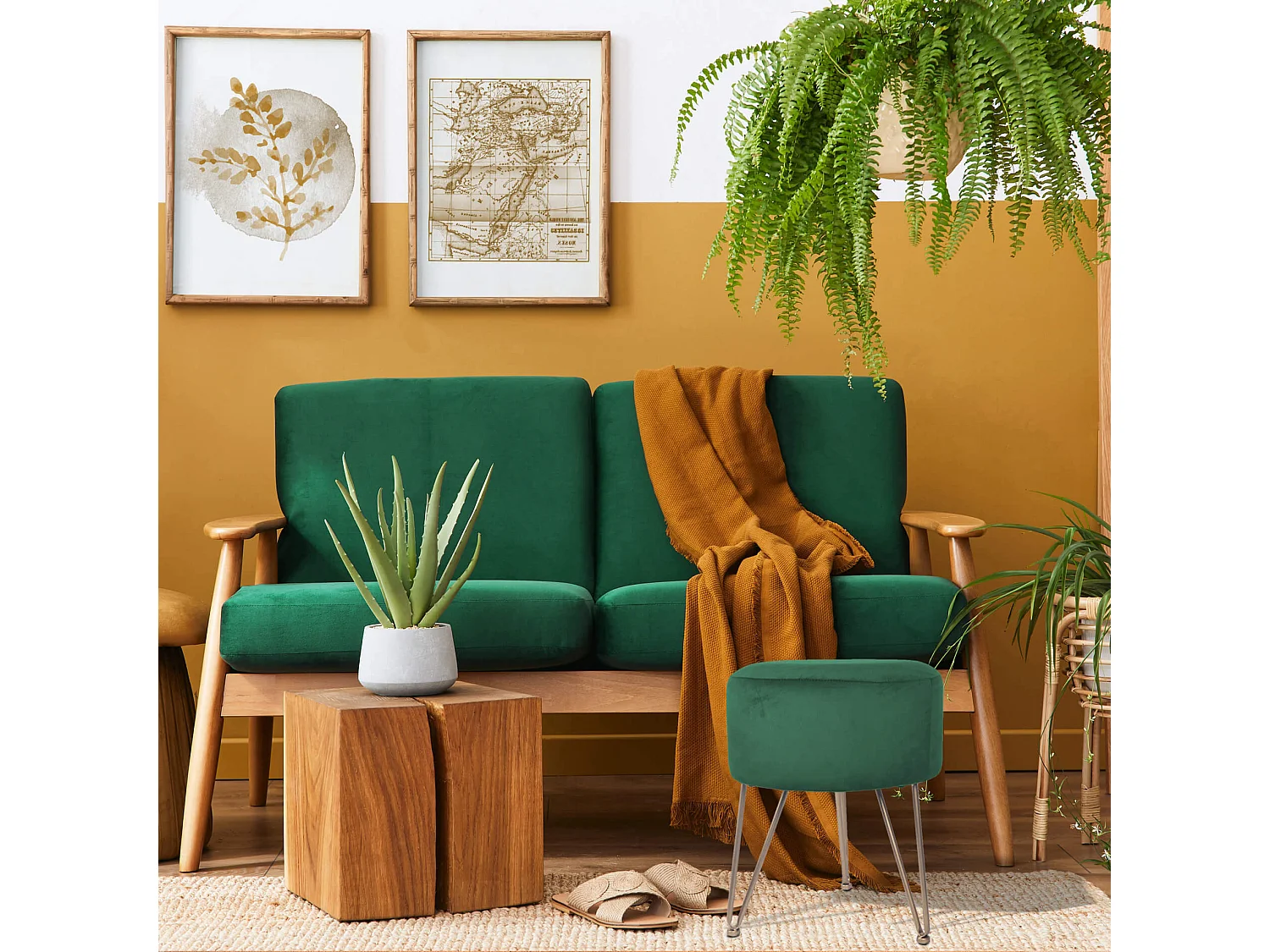 Tabouret en Velours Vert avec Siège Rembourré pour le Salon