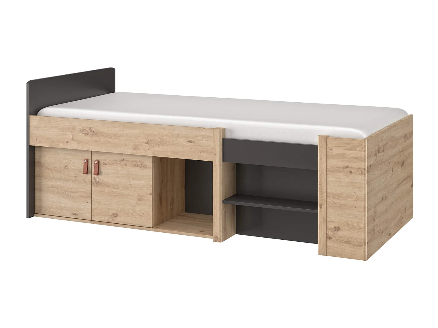 Lit tiroir enfant avec niches de rangement noir et imitation chêne 90x200 - LC5051