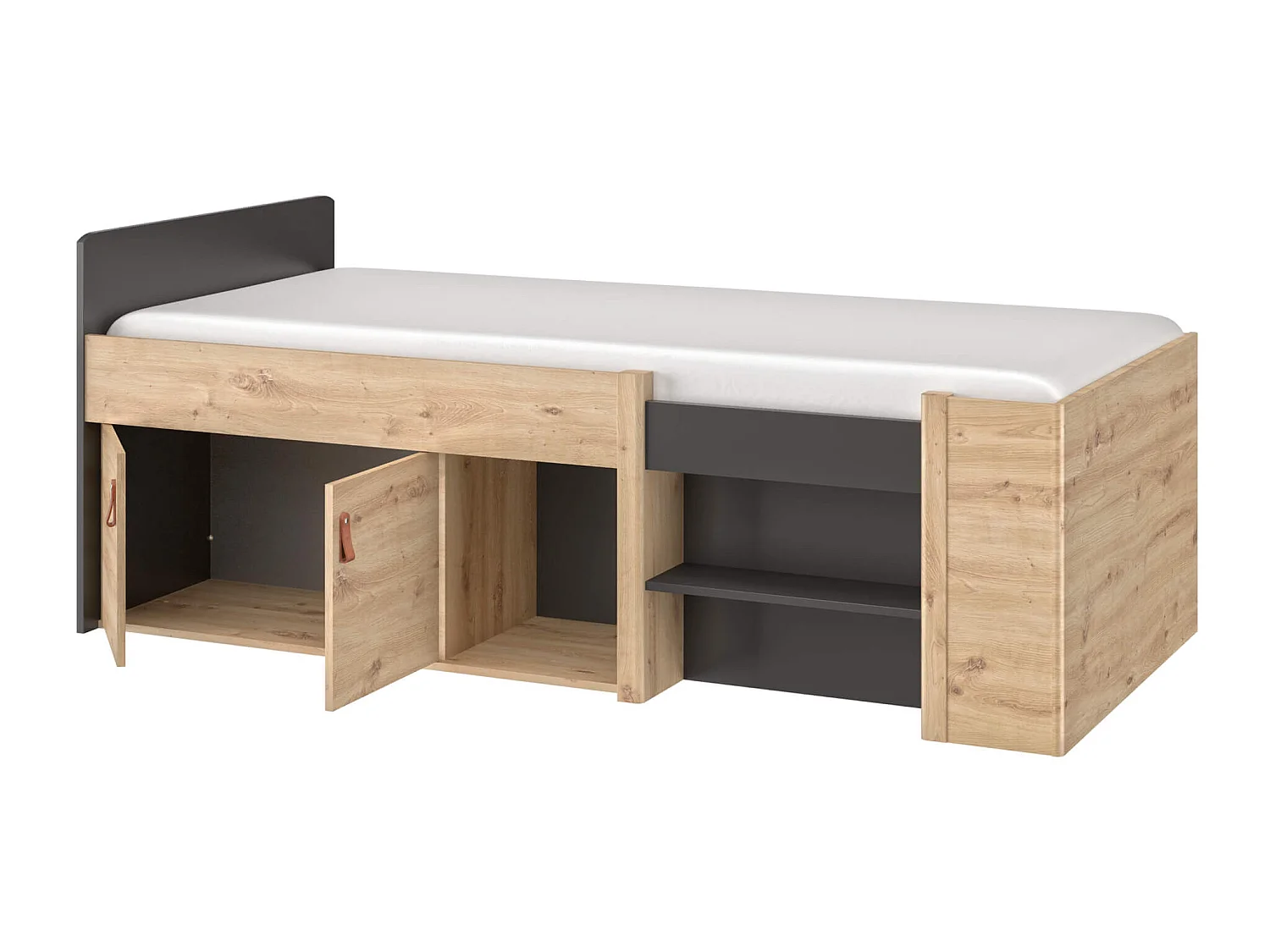 Lit tiroir enfant avec niches de rangement noir et imitation chêne 90x200 - LC5051