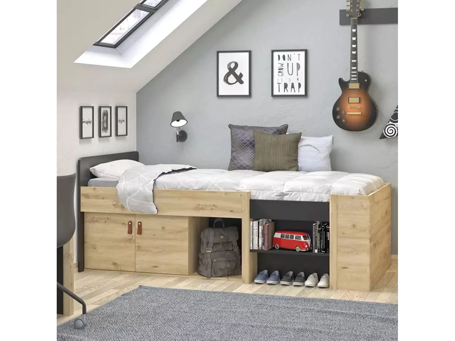 Lit tiroir enfant avec niches de rangement noir et imitation chêne 90x200 - LC5051