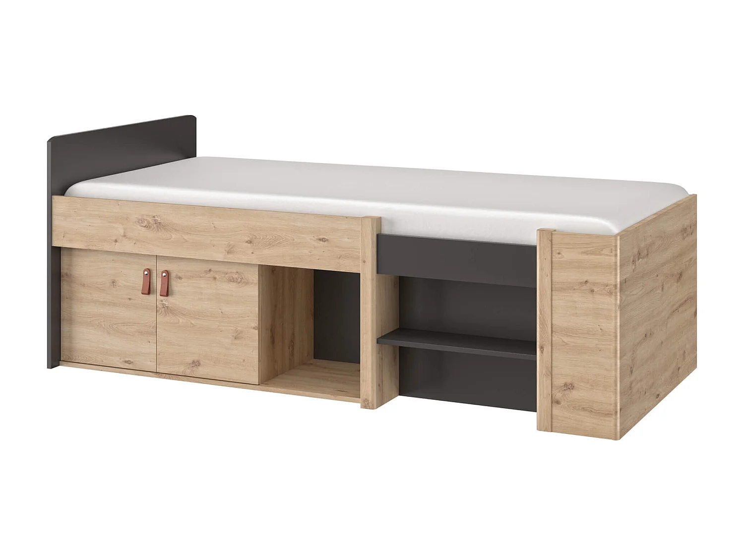 Lit tiroir enfant avec niches de rangement noir et imitation chêne 90x200 - LC5051
