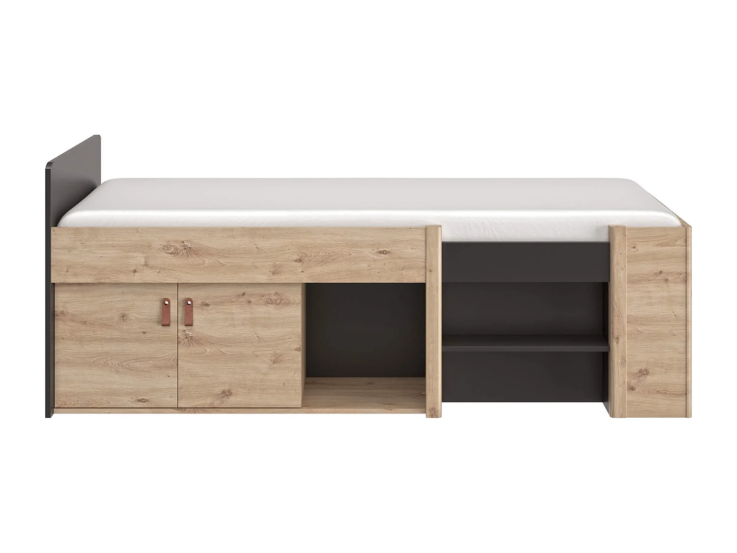 Lit tiroir enfant avec niches de rangement noir et imitation chêne 90x200 - LC5051