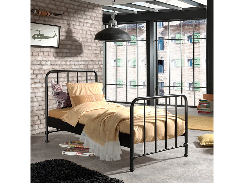 Lit enfant à barreaux en métal 90x200 cm noir - LT2059