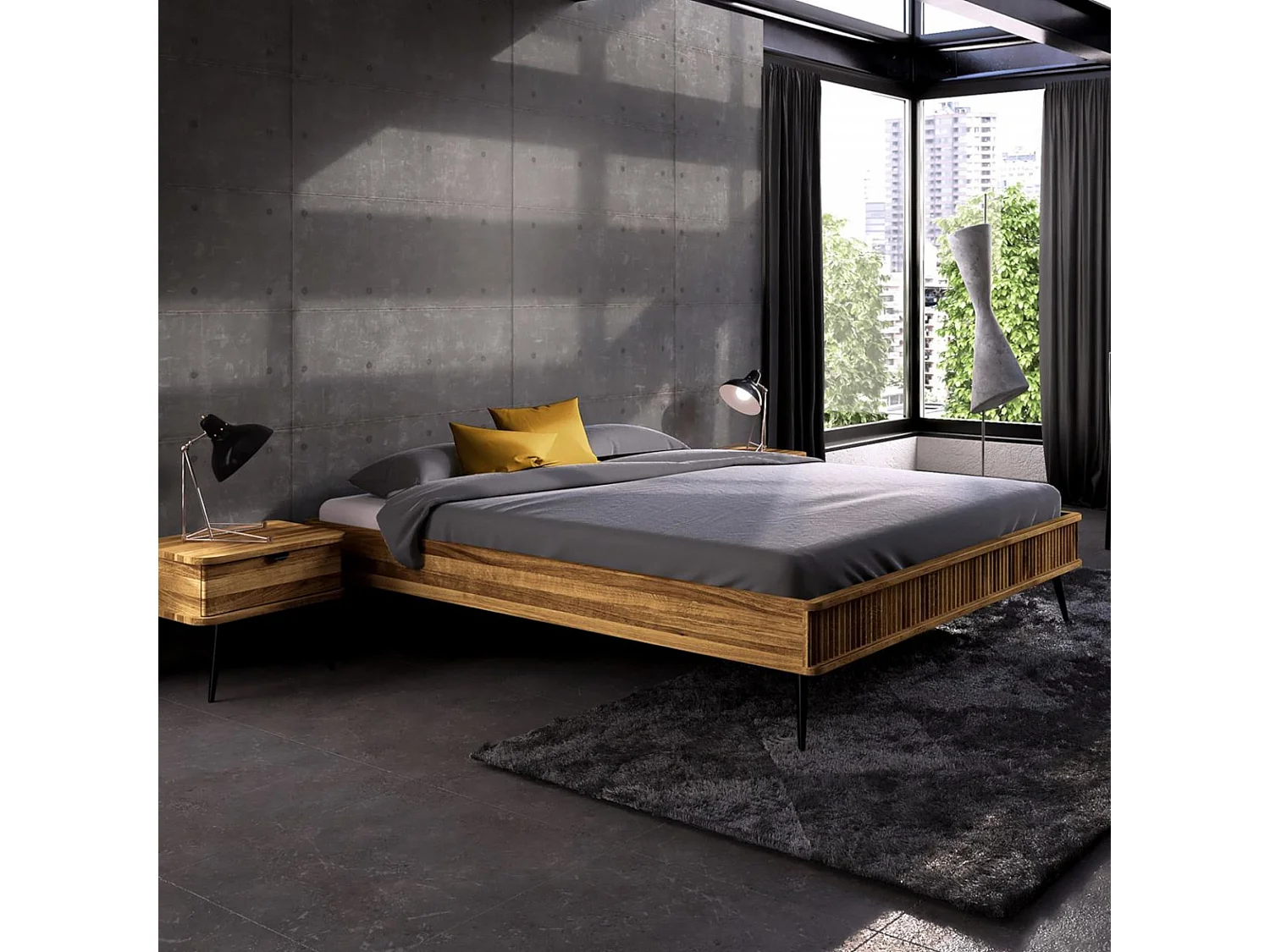 Lit en chêne massif clair 160x200 avec pieds inclinés en métal - LT36002