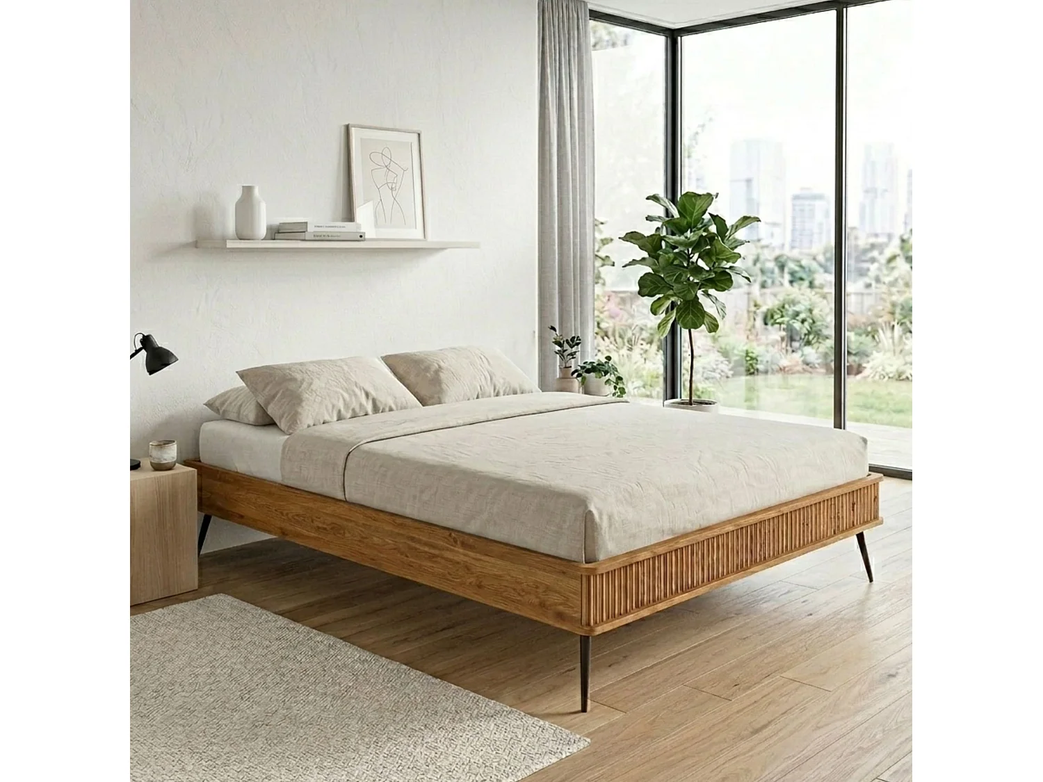 Lit en chêne massif clair 160x200 avec pieds inclinés en métal - LT36002