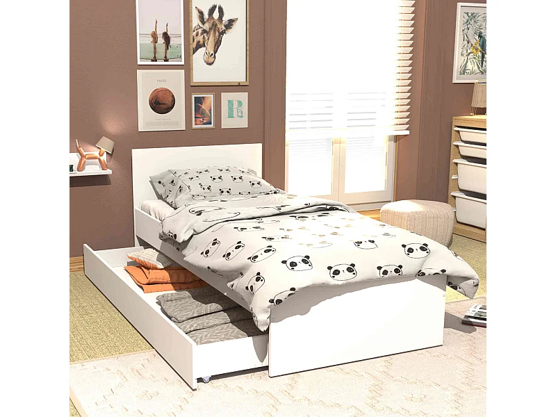 Lit tiroirs en bois blanc 90x190 - LT14013