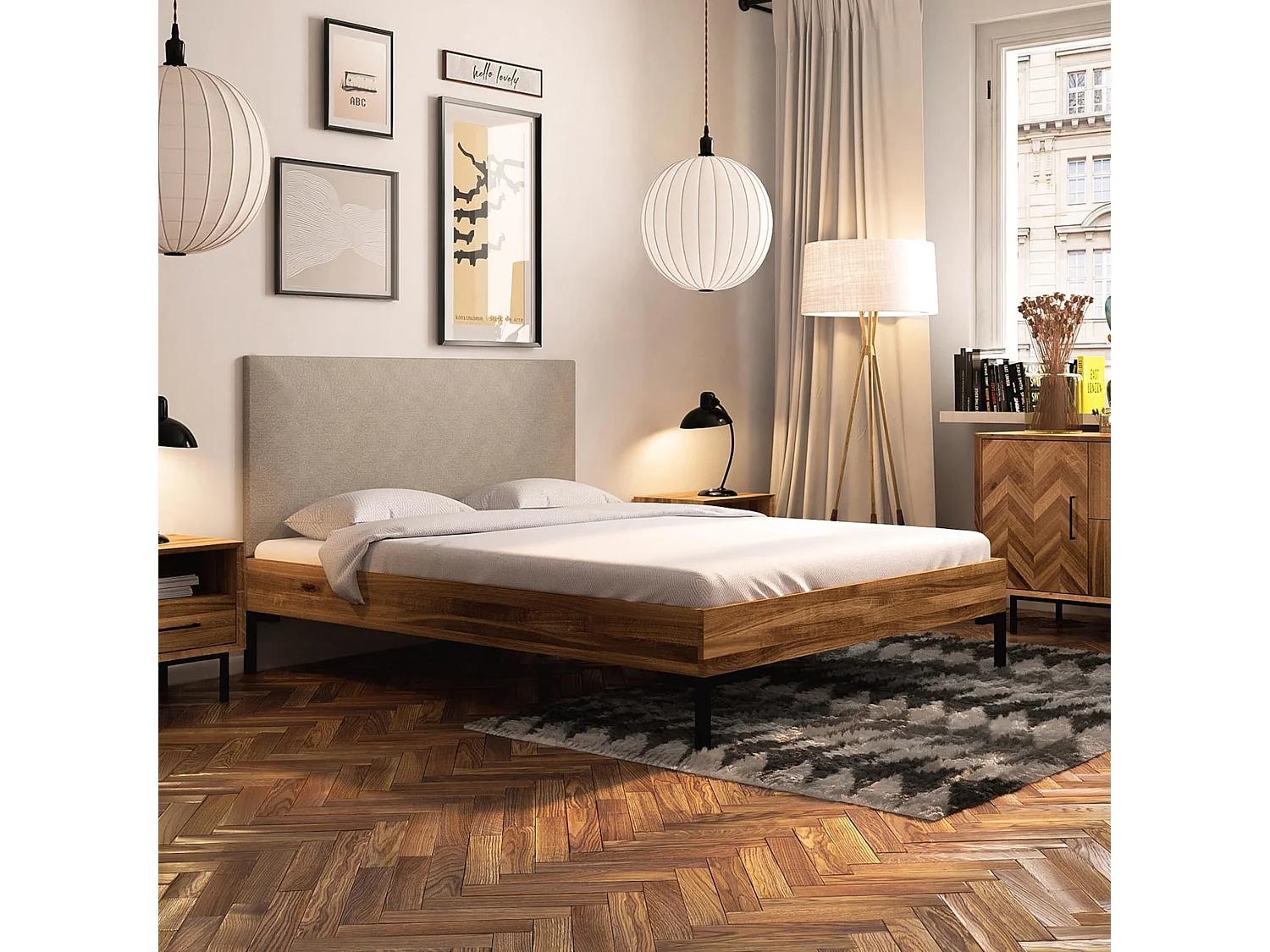 Lit en chêne massif clair 140x190 avec pieds en métal - LT36001