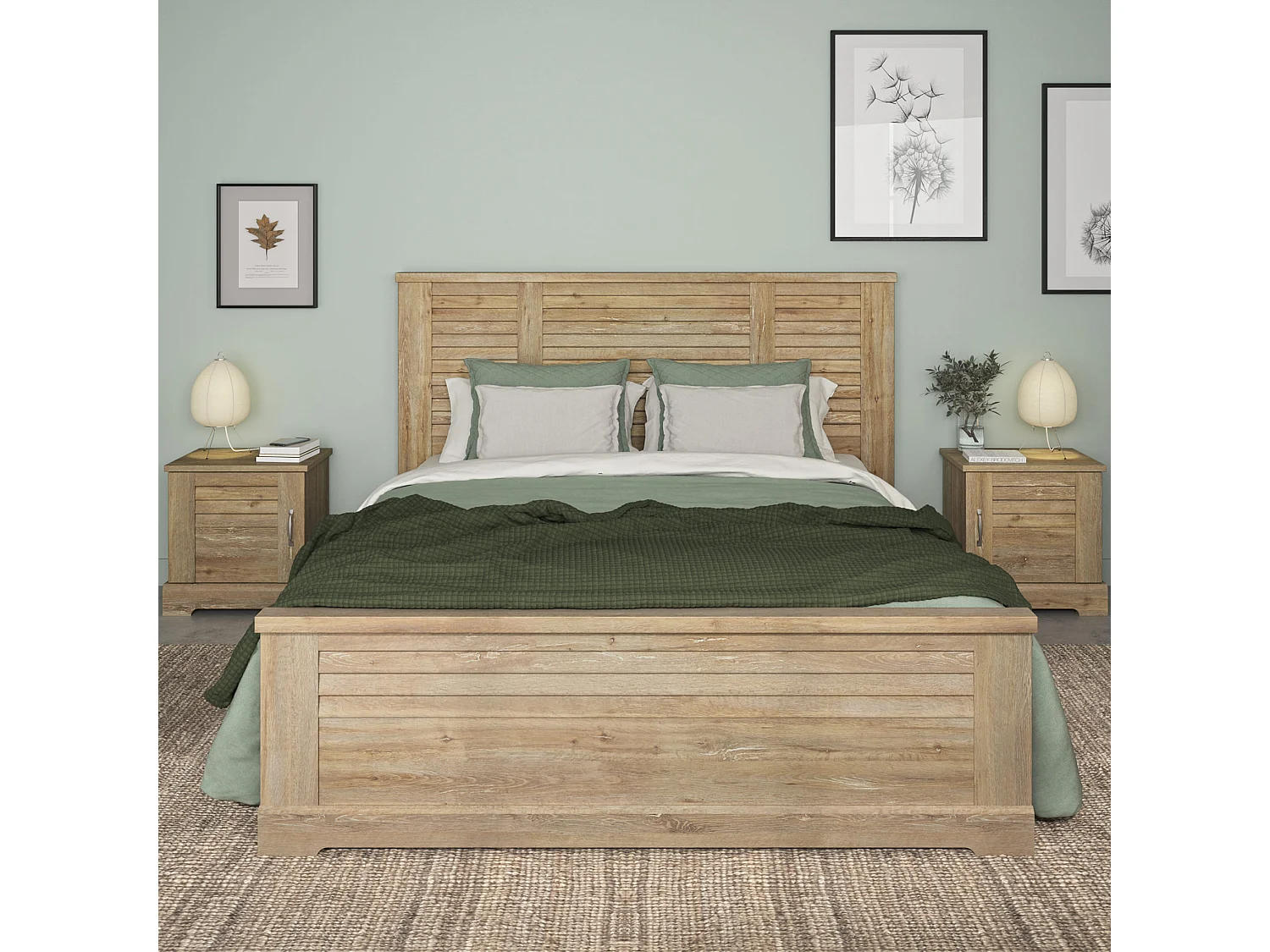 Lit 140x190 avec 2 chevets en bois clair - LT5077