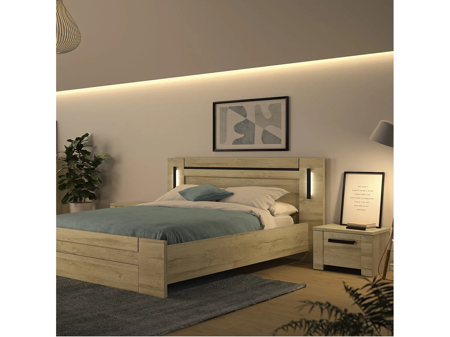 Lit led sensitive 160x200 avec 2 chevets en bois clair - LT5082