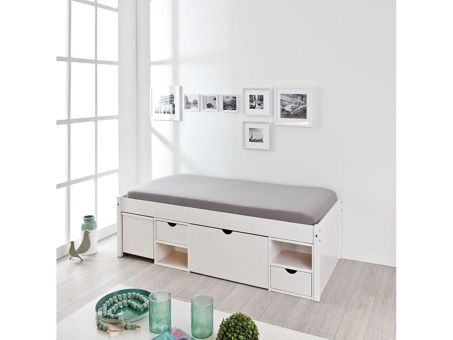 Lit tiroirs en bois massif blanc laqué 90x200 - LT12013