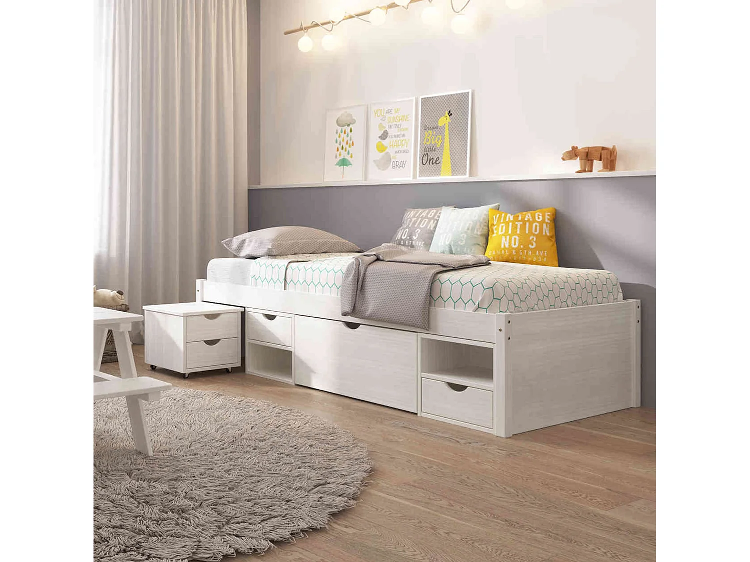 Lit tiroirs en bois massif blanc laqué 90x200 - LT12013