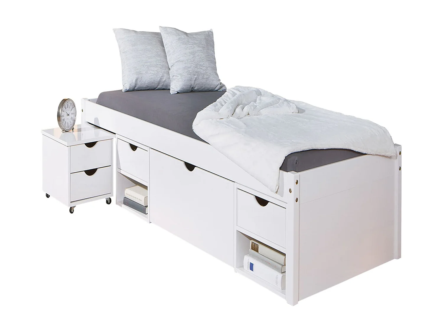 Lit tiroirs en bois massif blanc laqué 90x200 - LT12013