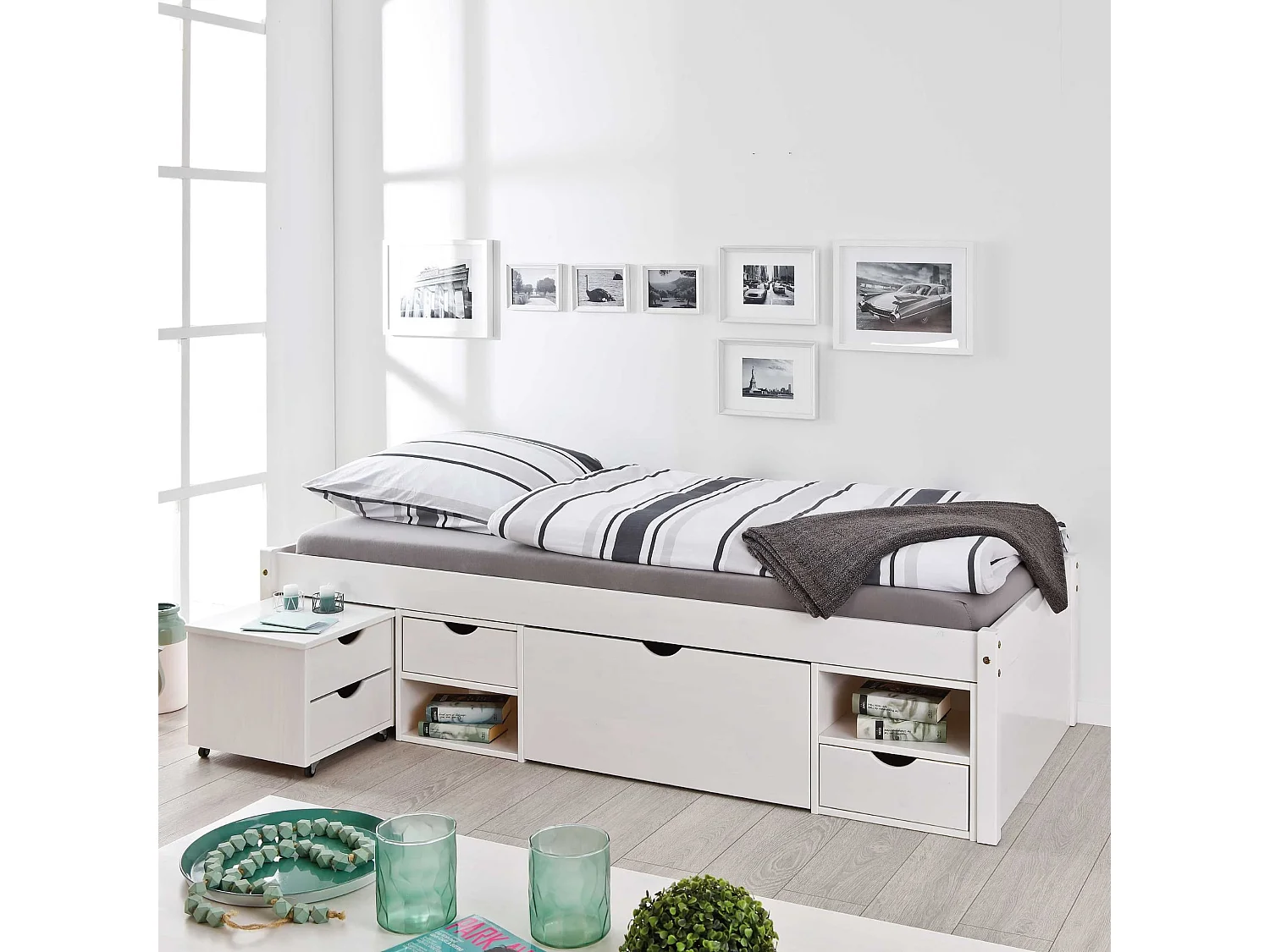 Lit tiroir en bois massif blanc laqué avec chevets intégrés 90x200 - LT12012