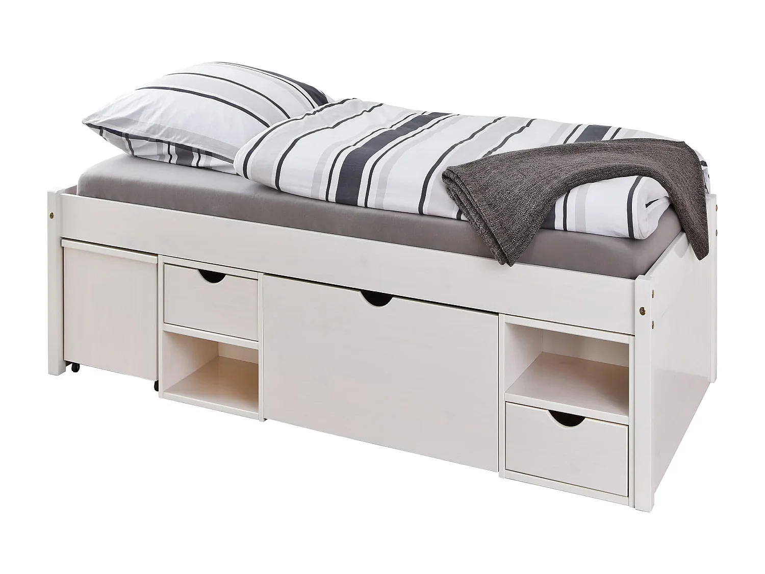 Lit tiroir en bois massif blanc laqué avec chevets intégrés 90x200 - LT12012