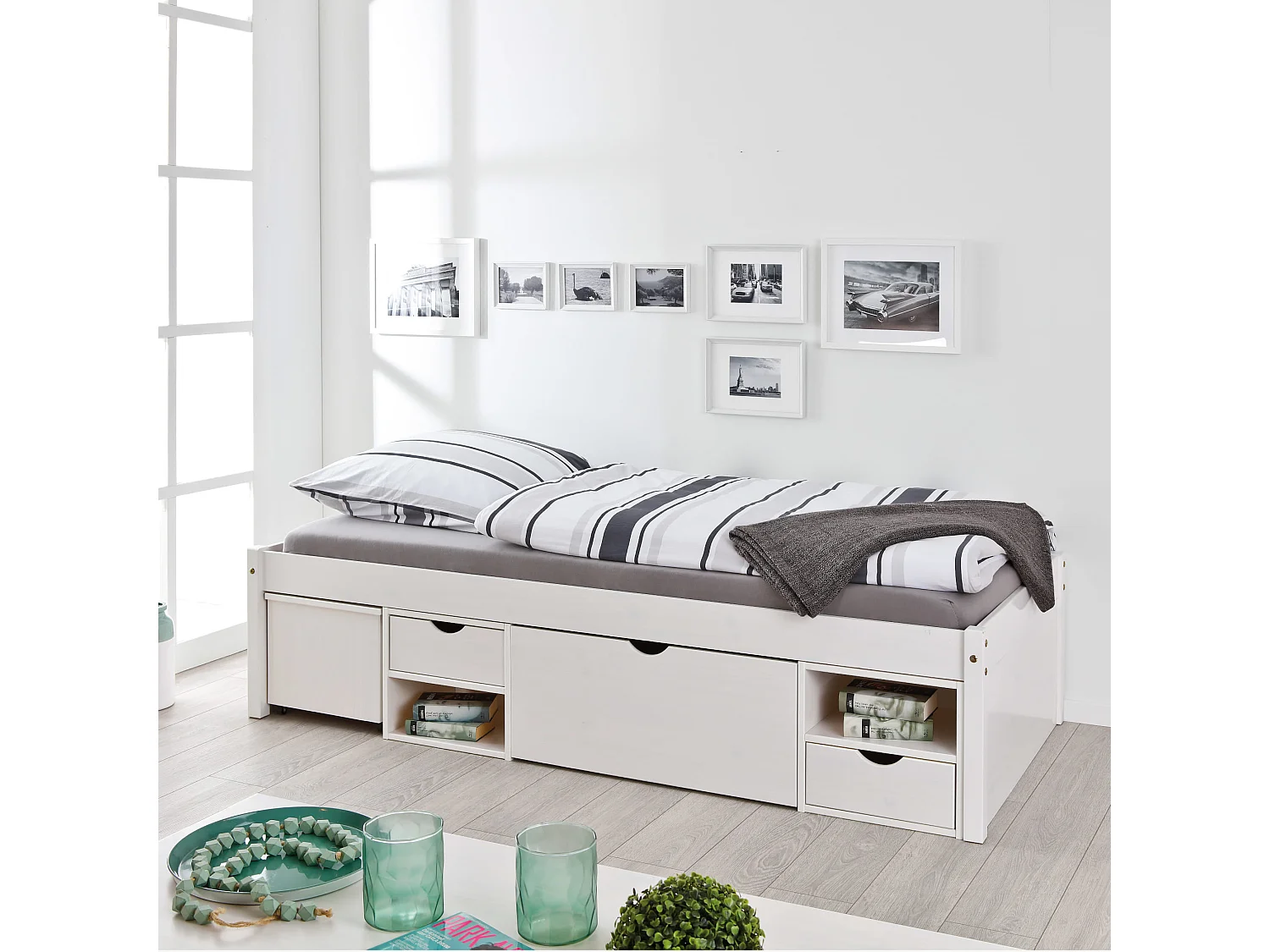 Lit tiroir en bois massif blanc laqué avec chevets intégrés 90x200 - LT12012