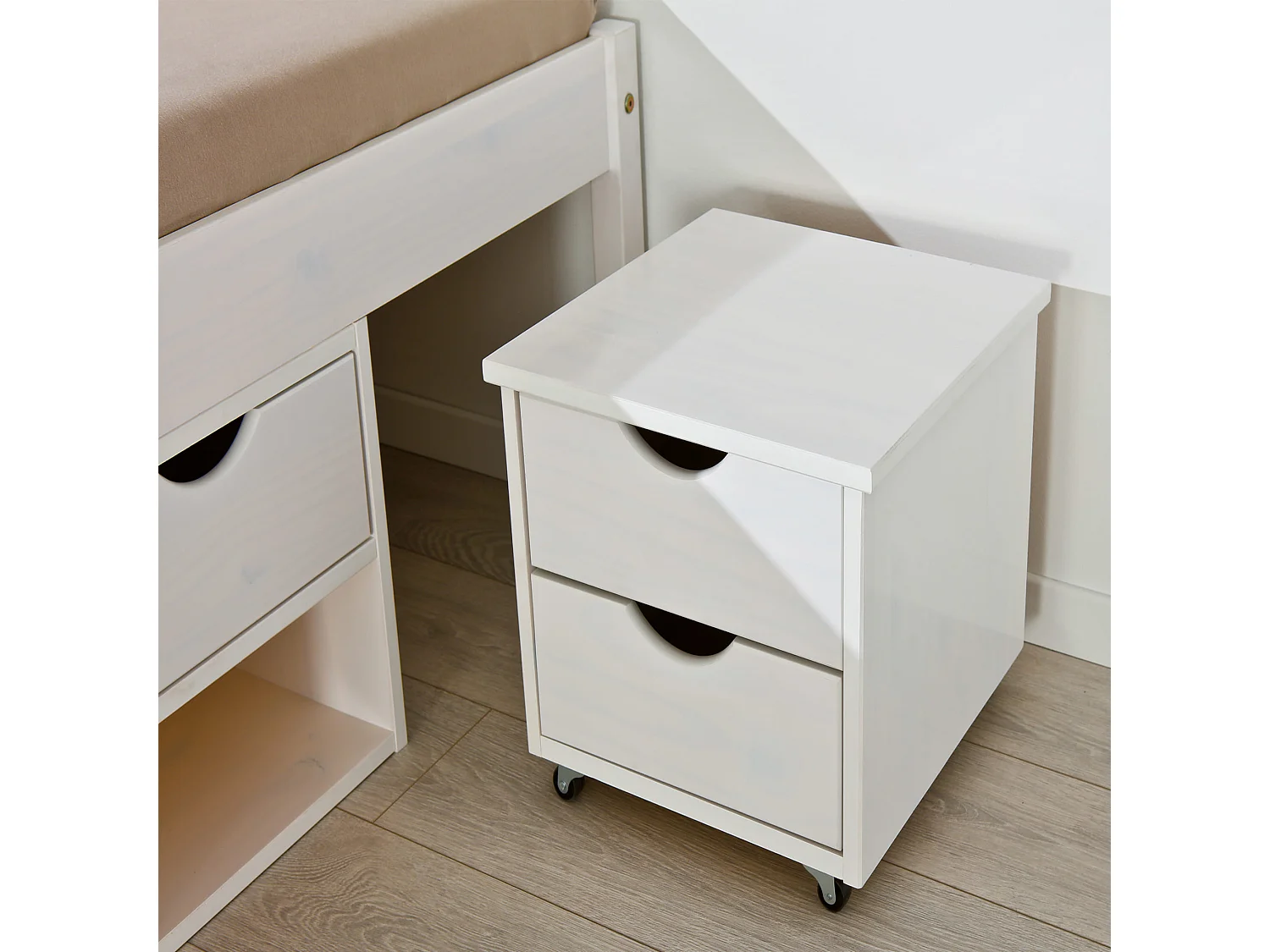 Lit tiroir en bois massif blanc laqué avec chevets intégrés 90x200 - LT12012