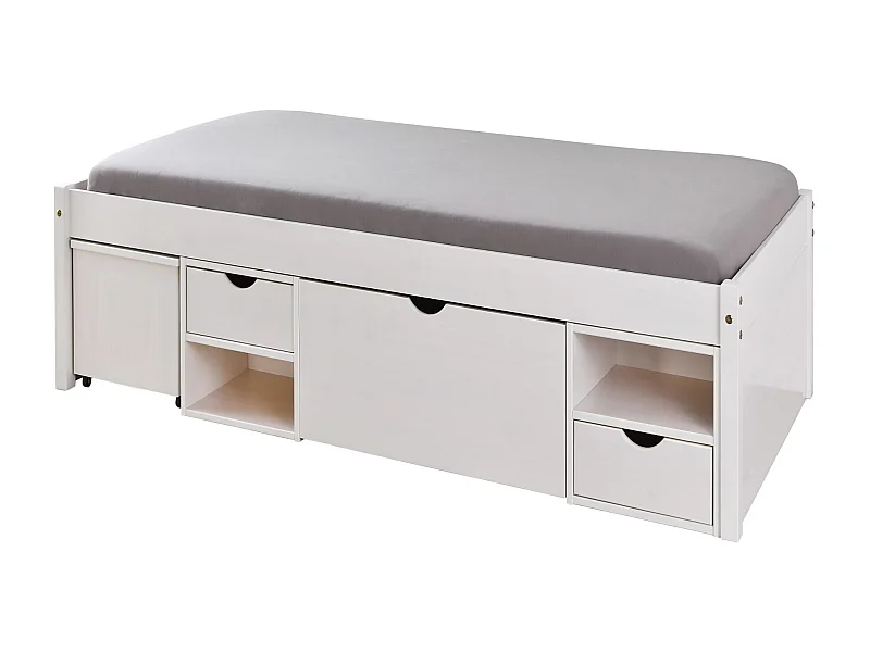 Lit tiroirs en bois massif blanc laqué 90x200 - LT12013