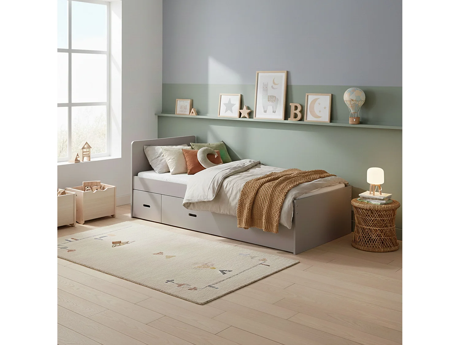 Lit tiroir avec chevet en bois gris 90x190 - LT14015