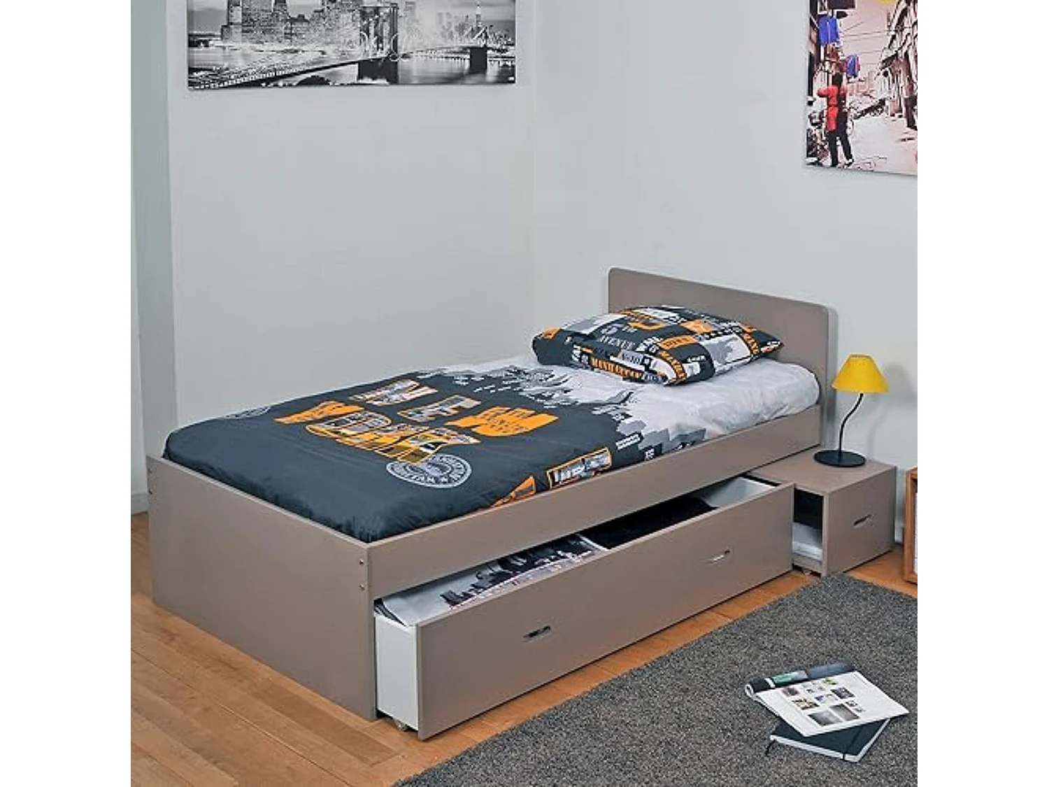 Lit tiroir avec chevet en bois gris 90x190 - LT14015