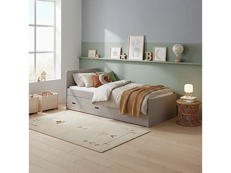 Lit tiroir avec chevet en bois gris 90x190 - LT14015