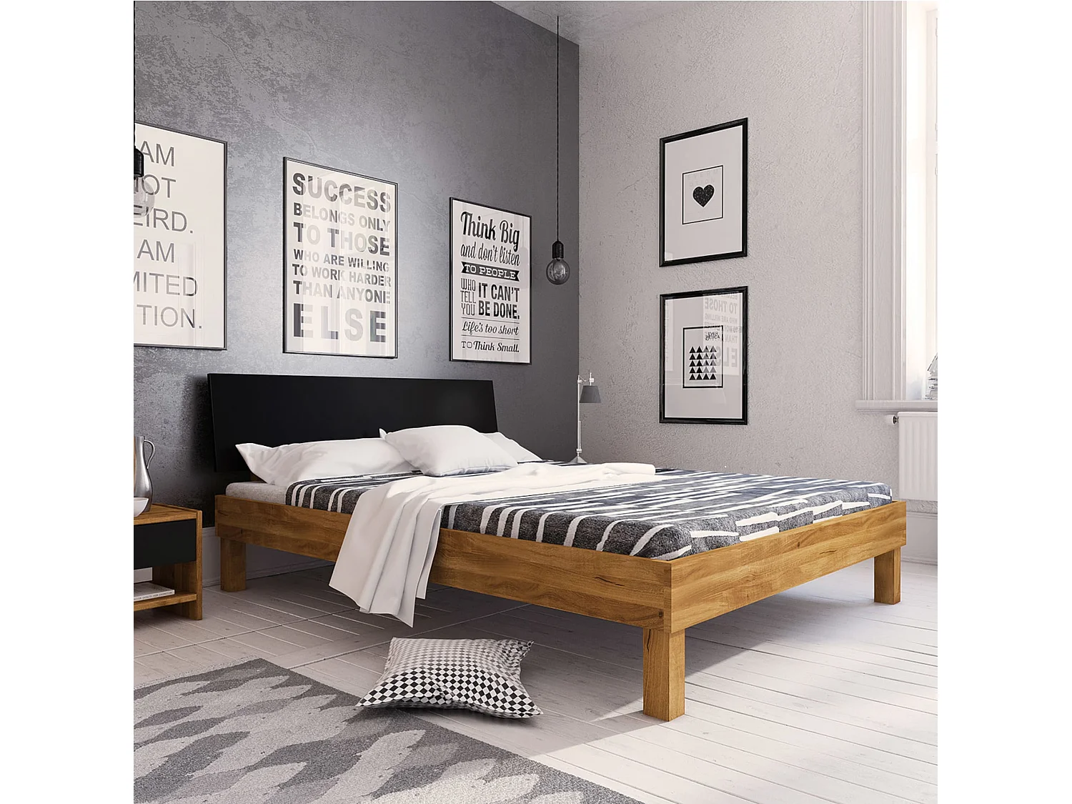 Lit avec pieds carrés en chêne massif clair 140x190 et tête de lit noire - LT36005