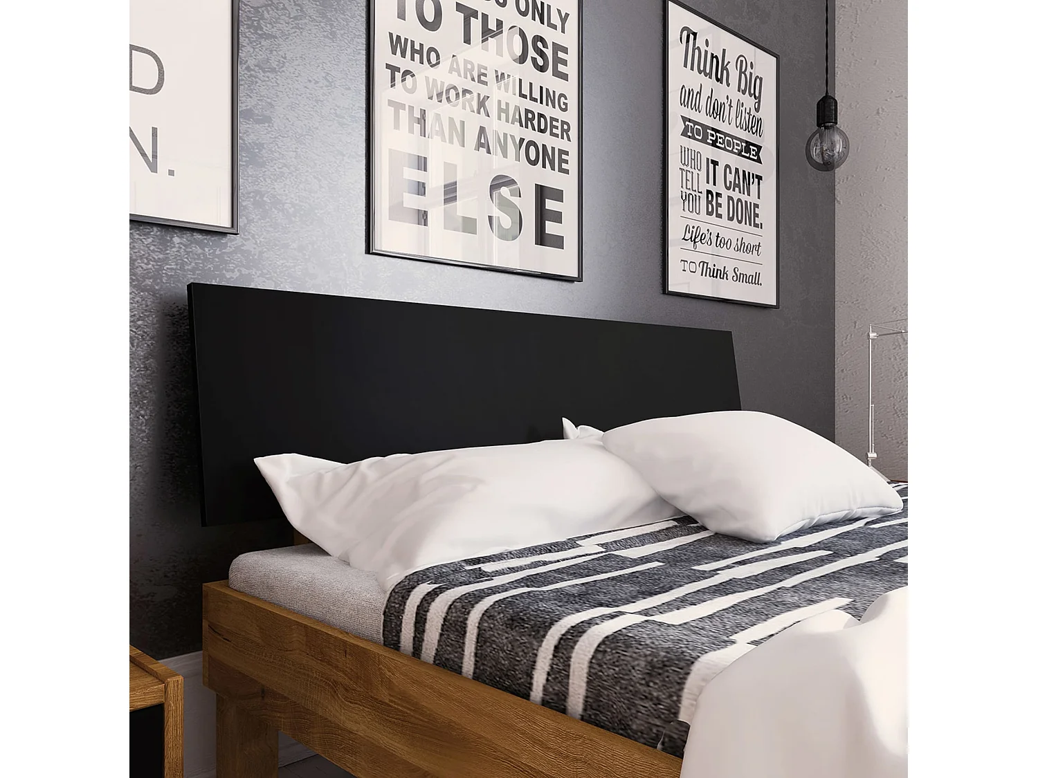 Lit avec pieds carrés en chêne massif clair 140x190 et tête de lit noire - LT36005