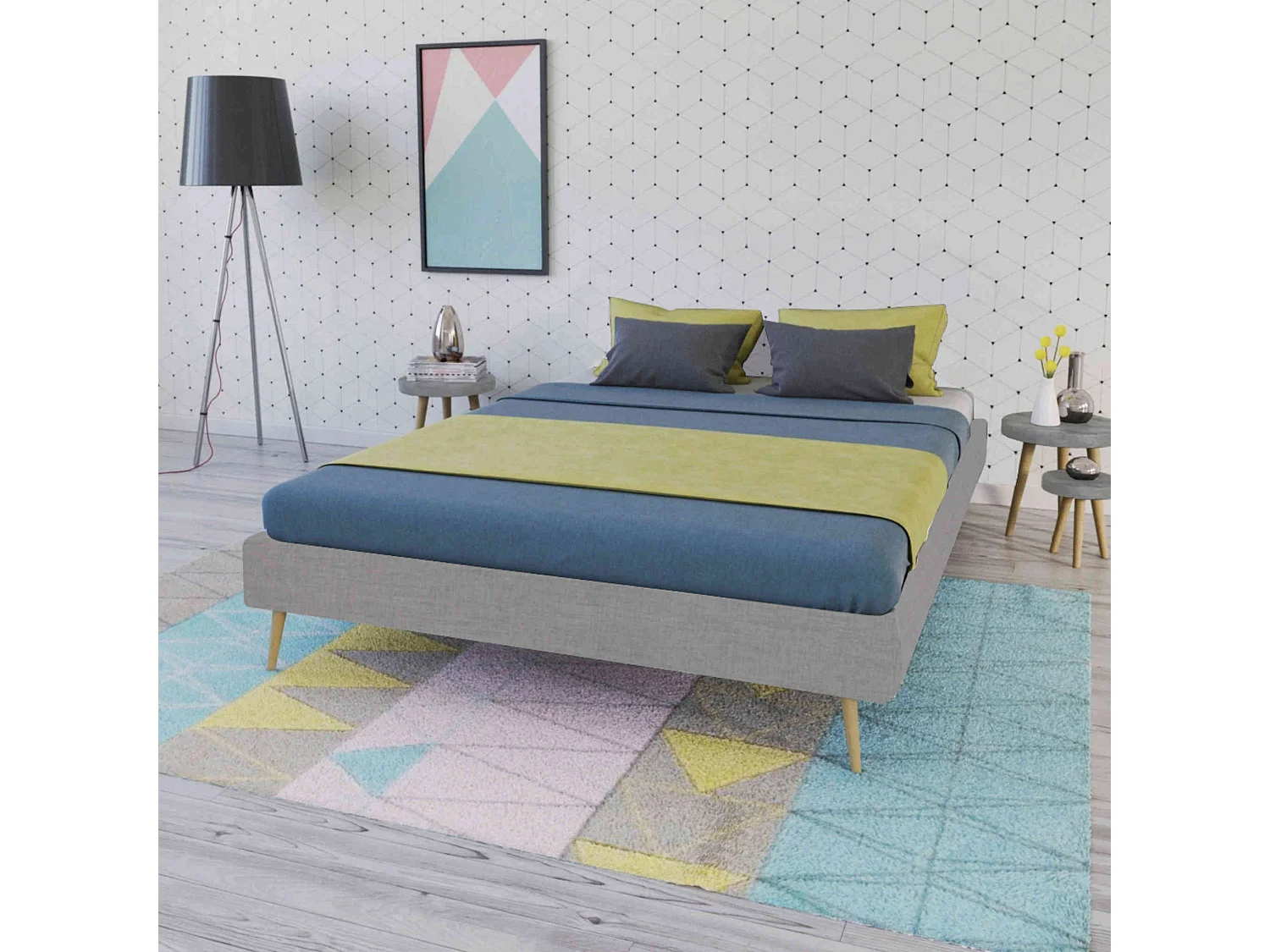 Lit en bois avec tissu gris clair 140x190 - LT14010