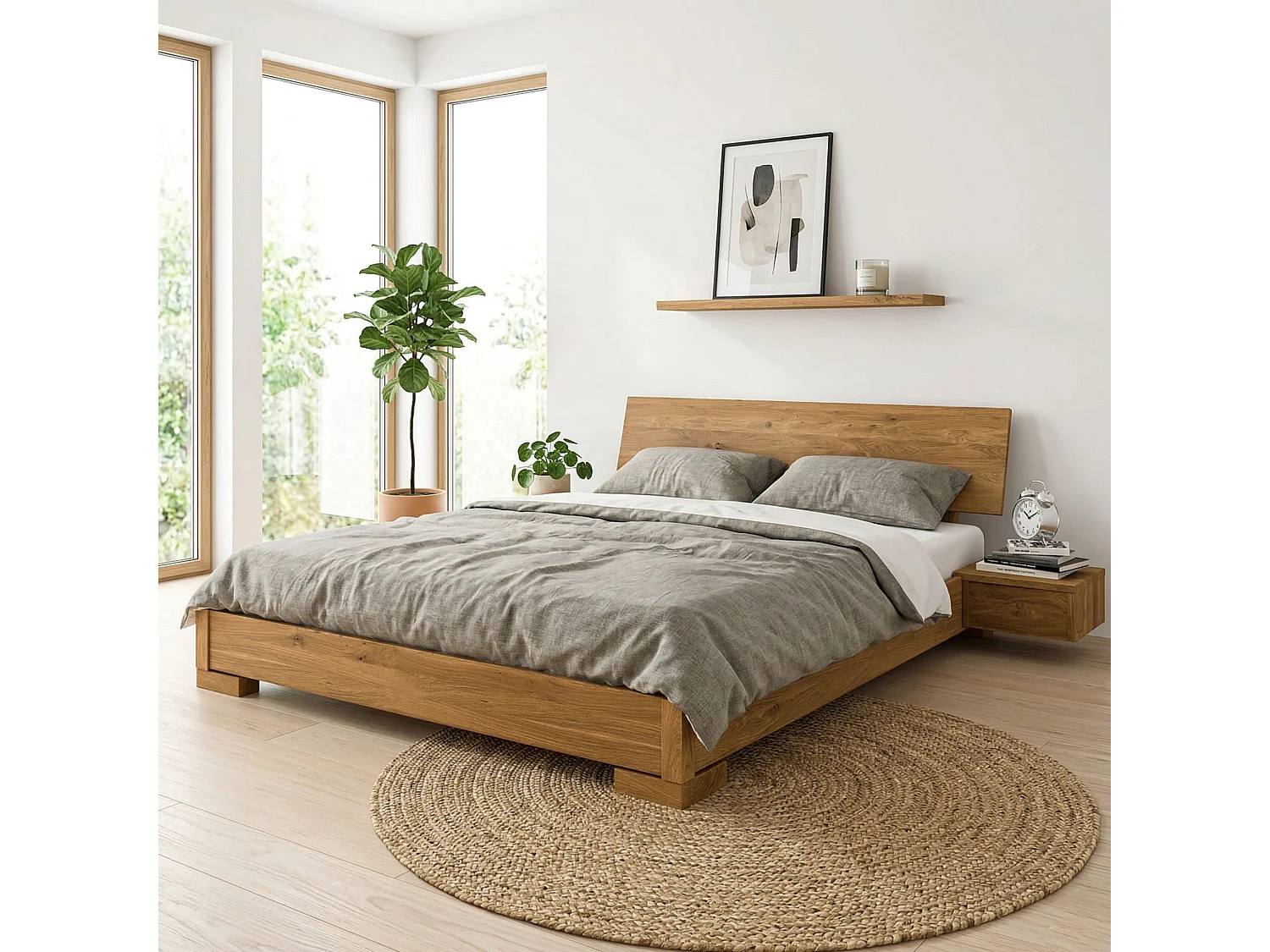 Lit avec tête de lit intégrée en chêne massif clair 160x200 - LT36007