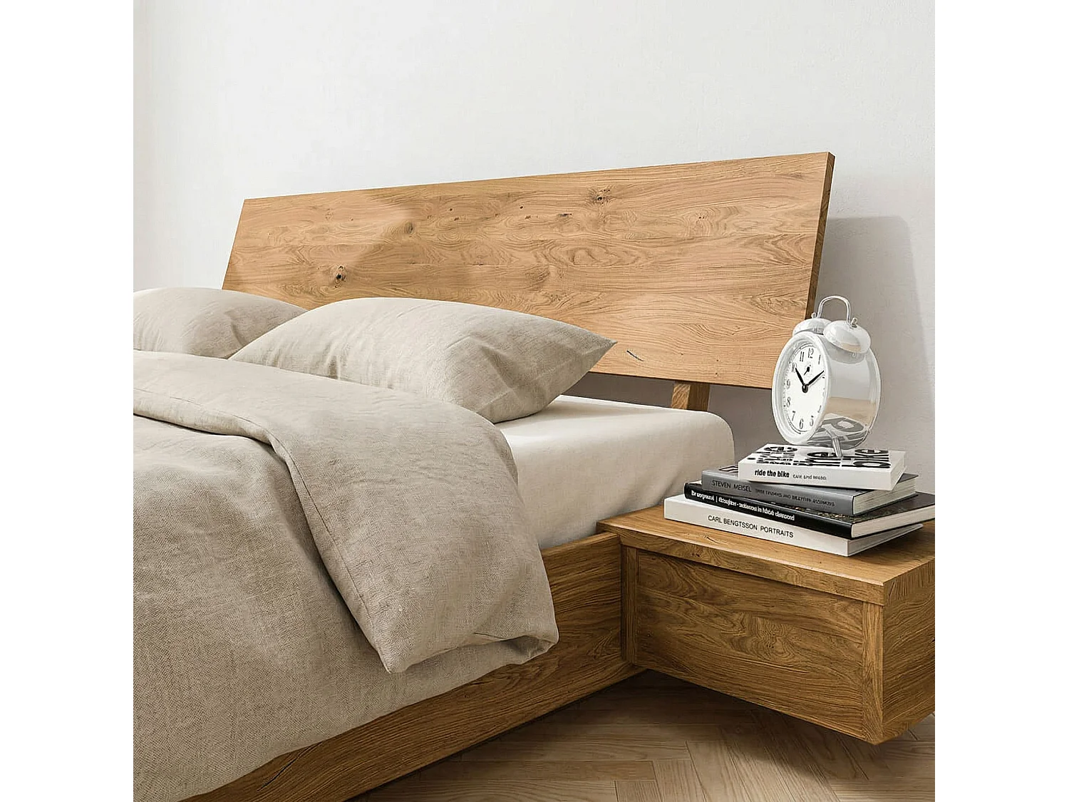 Lit avec tête de lit intégrée en chêne massif clair 160x200 - LT36007