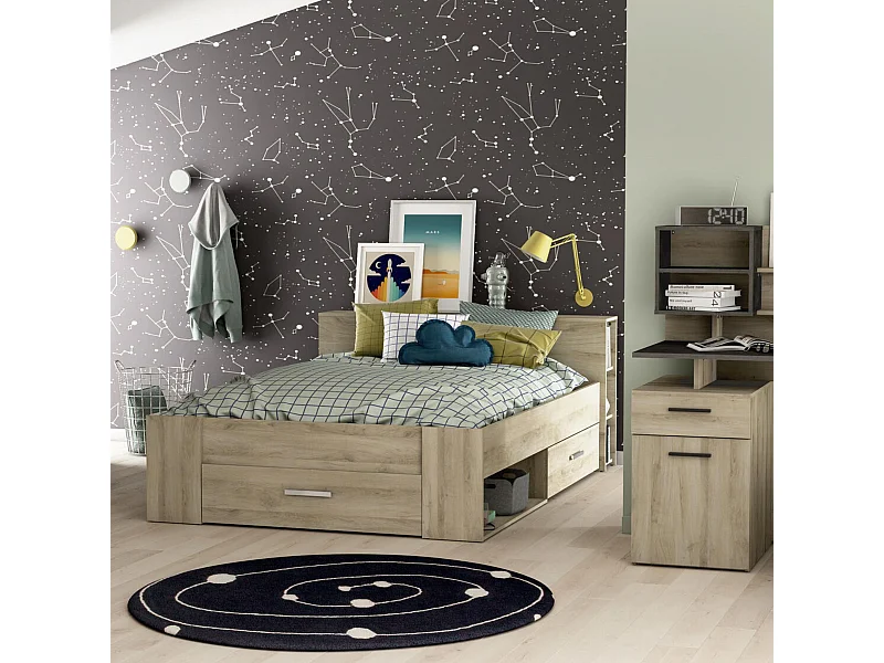 Lit en bois avec tiroir imitation chêne kronberg 160x200 - LT177