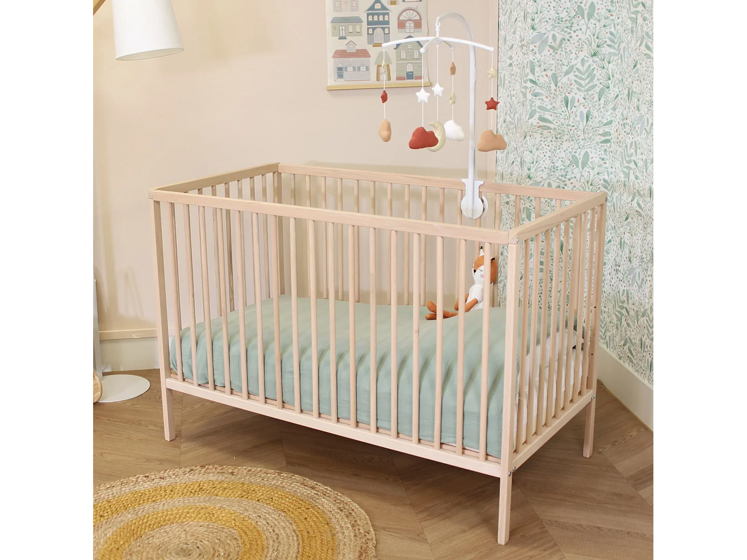 Lit bébé à barreaux en bois massif avec sommier réglable en hauteur 120x60 naturel