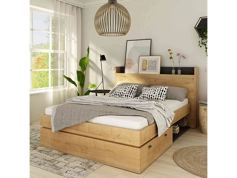 Lit tiroir en bois imitation chêne 140x190 cm - LI9051