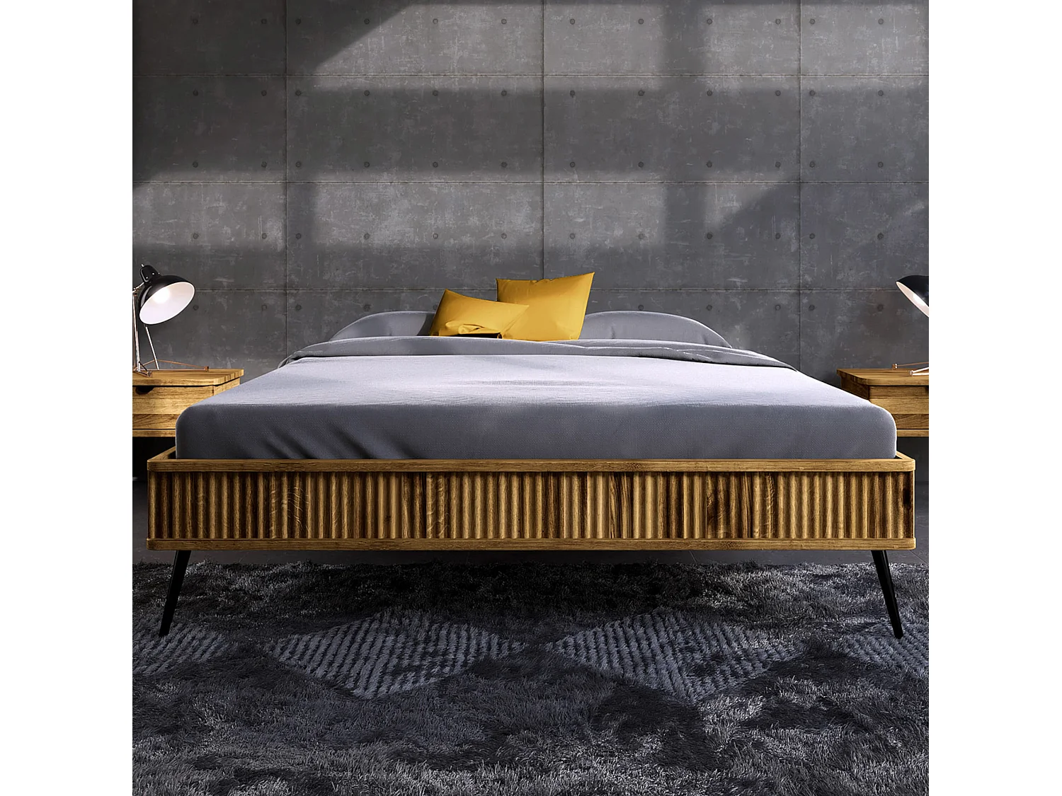 Lit en chêne massif clair 140x190 avec pieds inclinés en métal - LT36002