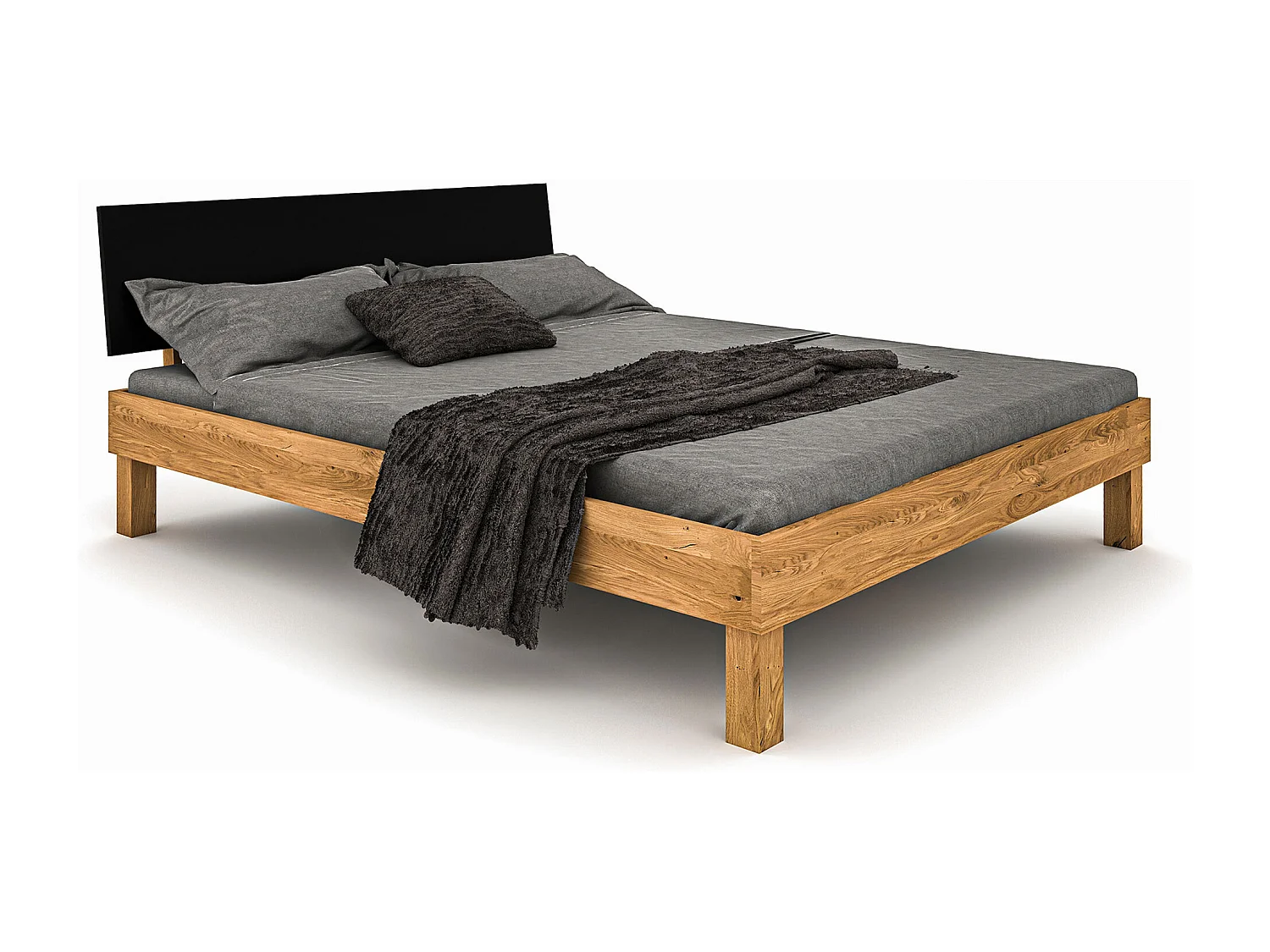 Lit avec pieds carrés en chêne massif clair 160x200 et tête de lit noire - LT36005