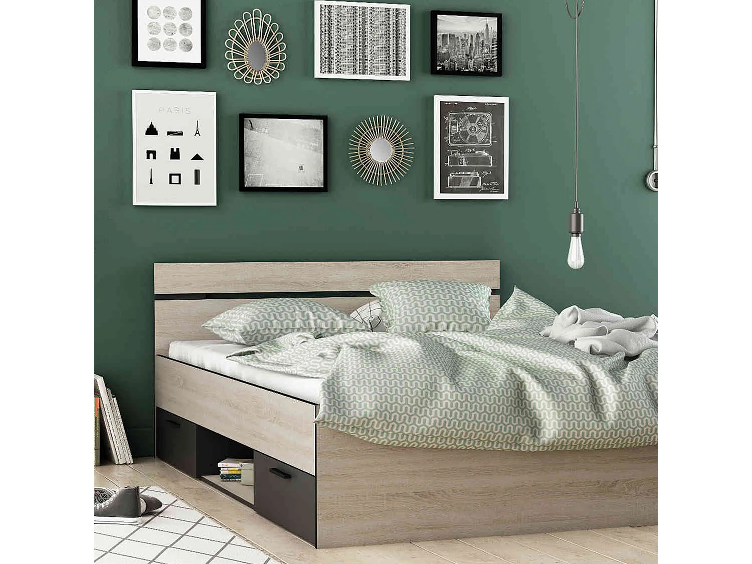 Lit 140x190 en bois chêne brossé et noir - LI171