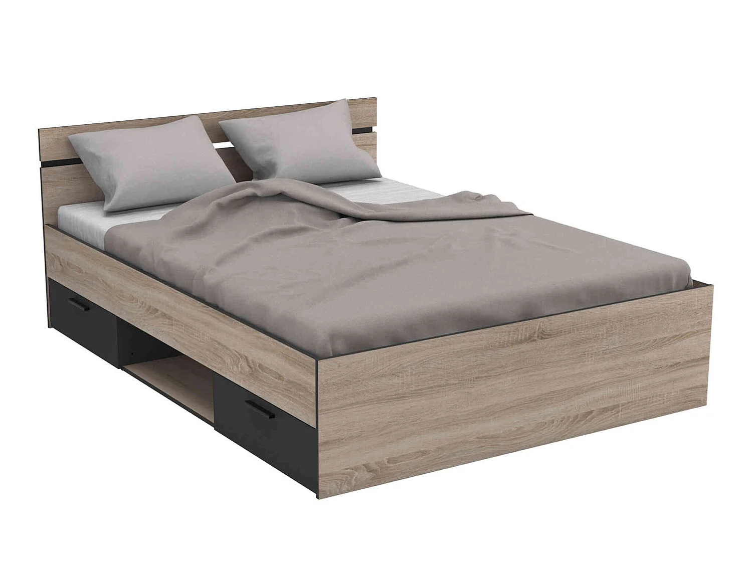 Lit 140x190 en bois chêne brossé et noir - LI171