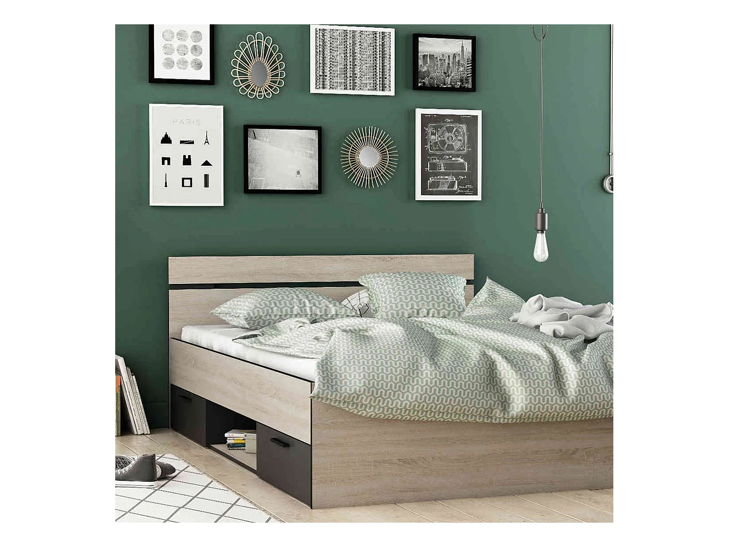 Lit 140x190 en bois chêne brossé et noir - LI171