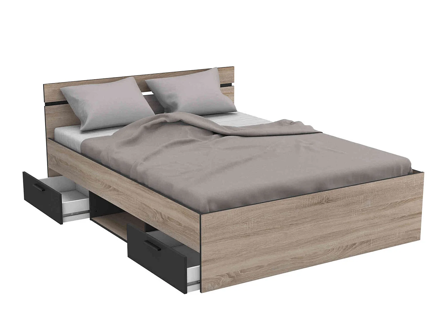 Lit 140x190 en bois chêne brossé et noir - LI171