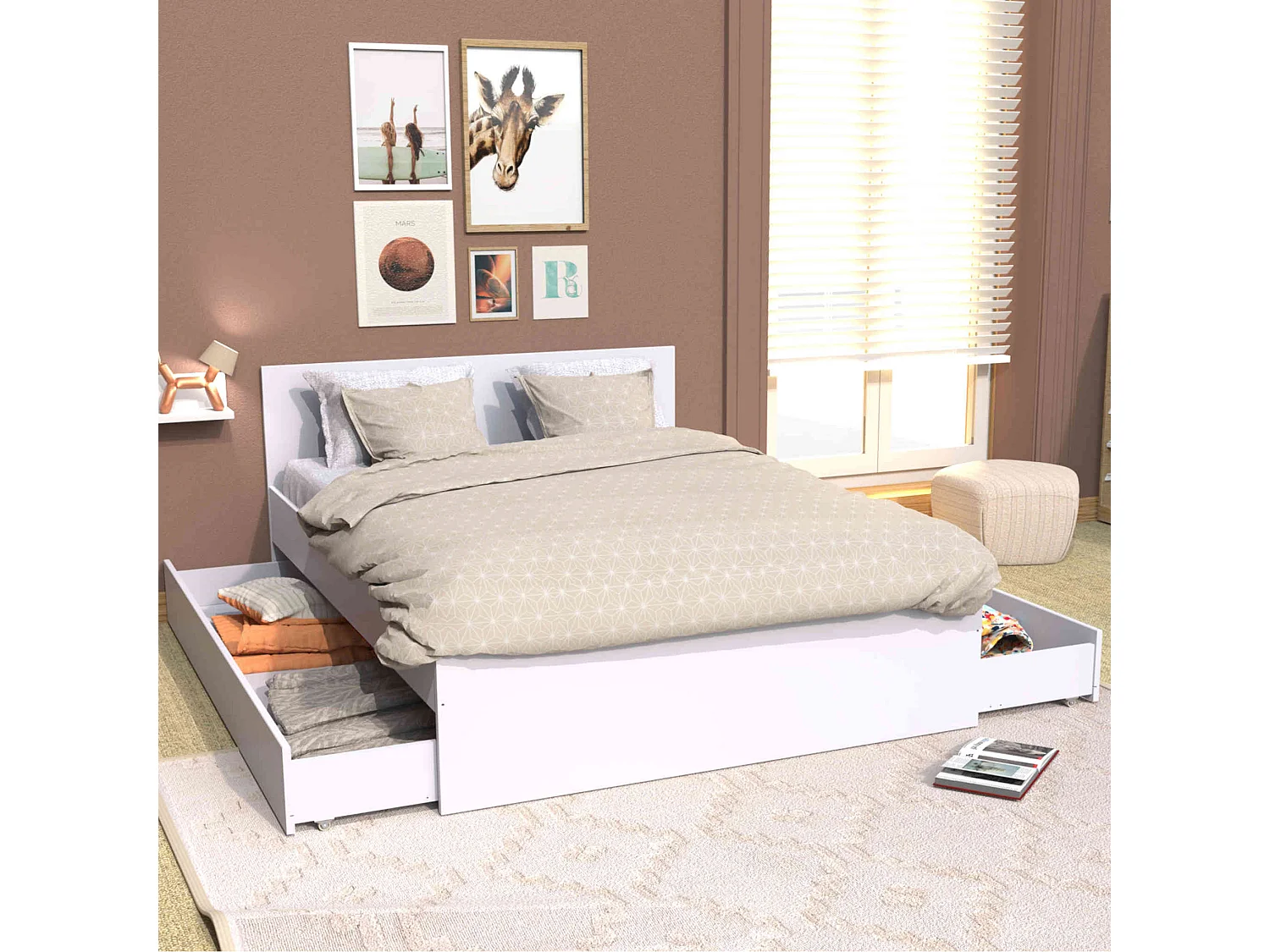 Lit tiroirs en bois blanc 160x200 - LT14013