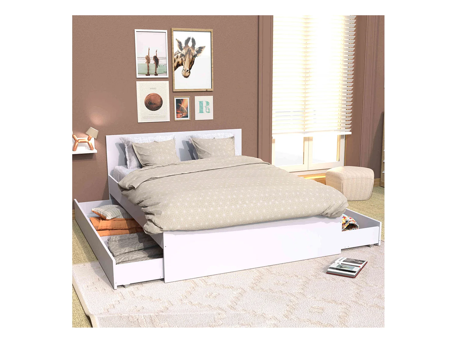 Lit tiroirs en bois blanc 160x200 - LT14013