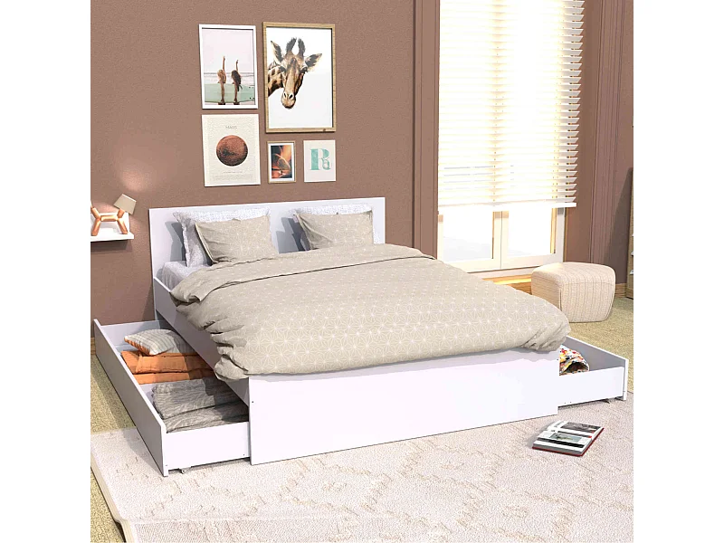 Lit tiroirs en bois blanc 160x200 - LT14013