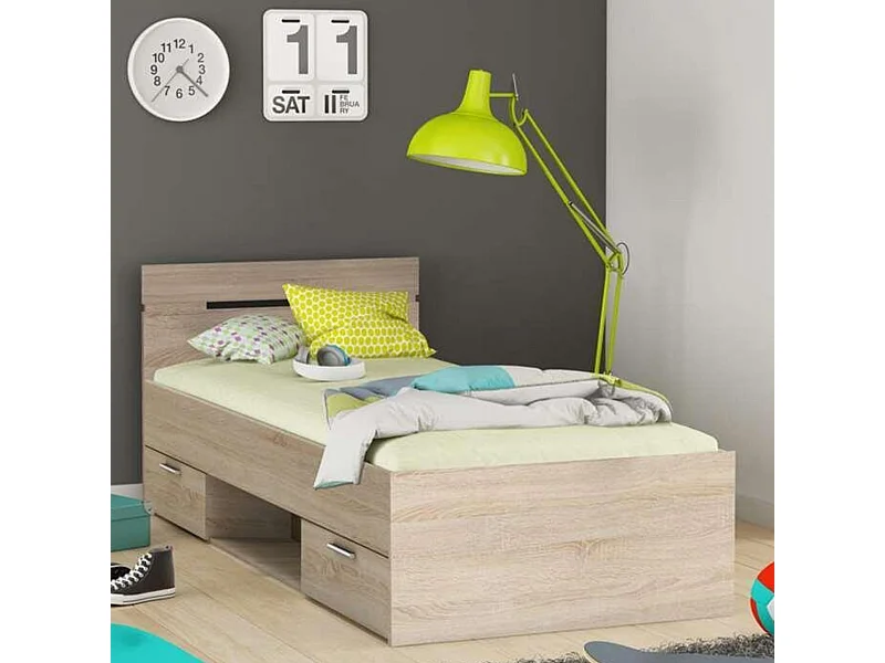 Lit tiroir avec niche de rangement en bois imitation chêne kronberg 90x200 cm - LT202