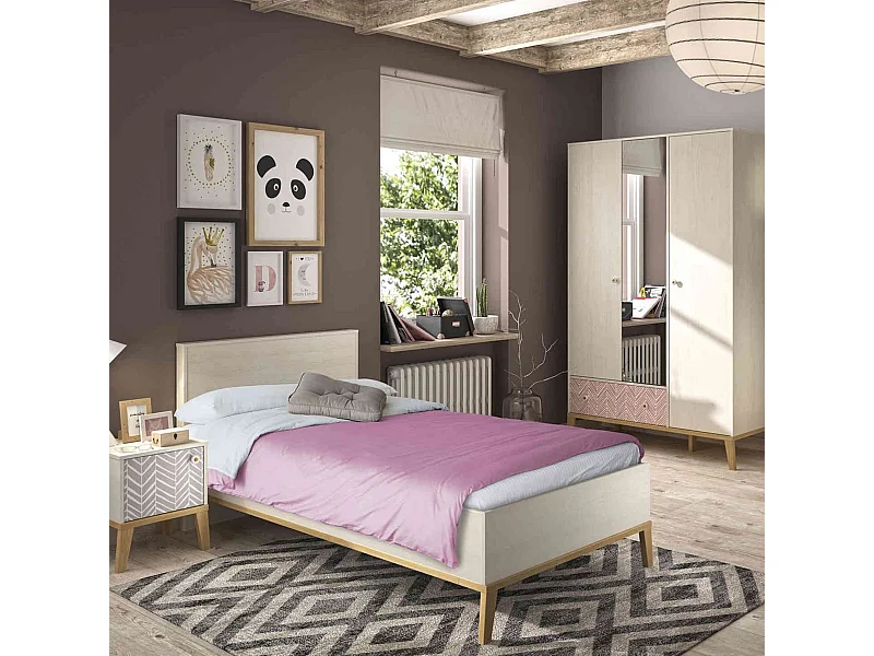 Lit enfant en bois imitation chêne blanchi 90x190 - LT5058