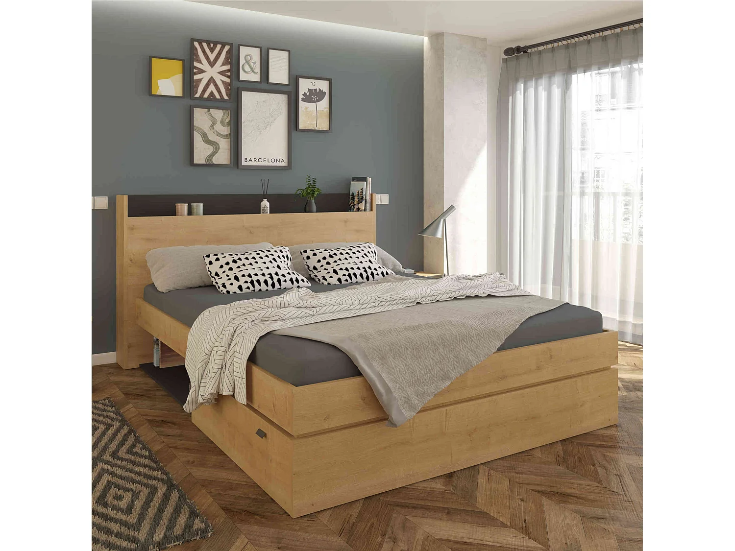 Lit tiroir en bois imitation chêne 160x200 cm - LI9051