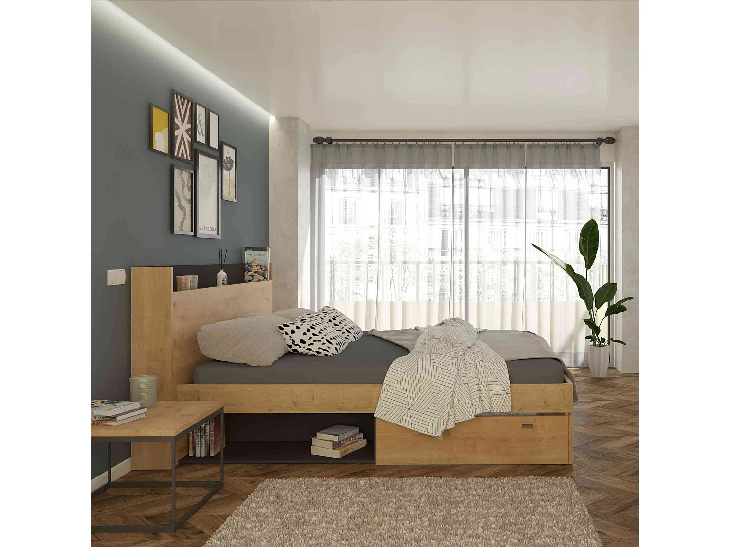 Lit tiroir en bois imitation chêne 160x200 cm - LI9051