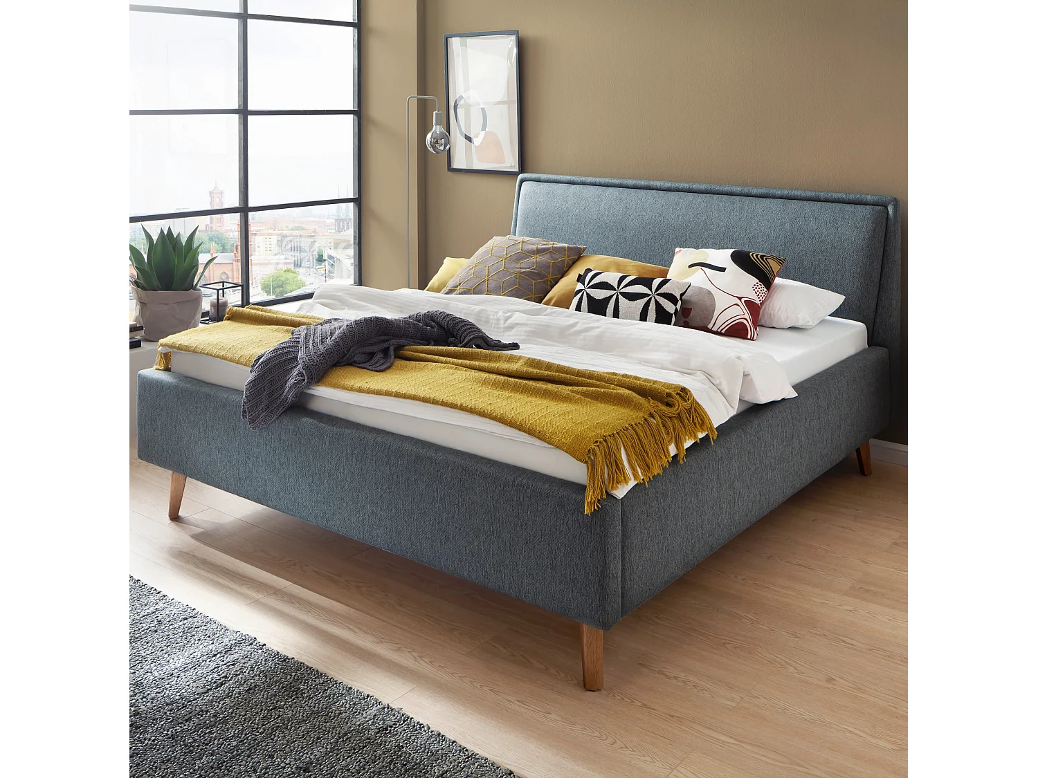 Lit rembourré en tissu bleu avec tête de lit lisse 140x200 - LT8003