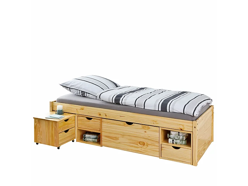 Lit tiroirs avec chevets intégrés en bois massif chêne clair 90x200 - LT17012