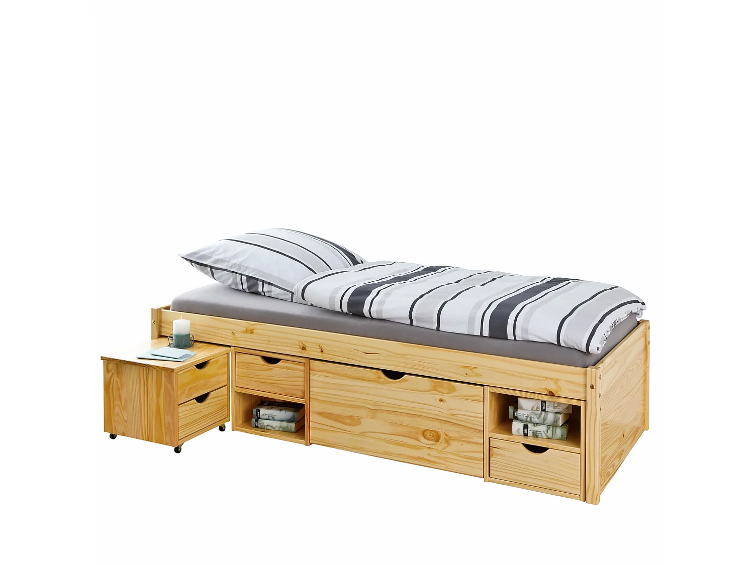 Lit tiroirs avec chevets intégrés en bois massif chêne clair 90x200 - LT17012