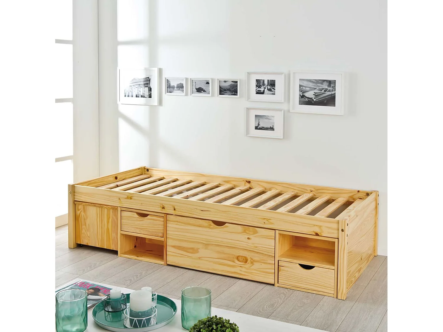 Lit tiroirs avec chevets intégrés en bois massif chêne clair 90x200 - LT17012